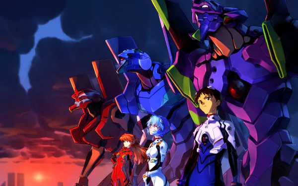 4K Ultra HD Neon Genesis Evangelion desktop wallpaper featuring Shinji Ikari, Rei Ayanami, Asuka Langley Soryu, and their iconic Evangelion units against a dramatic sky backdrop.