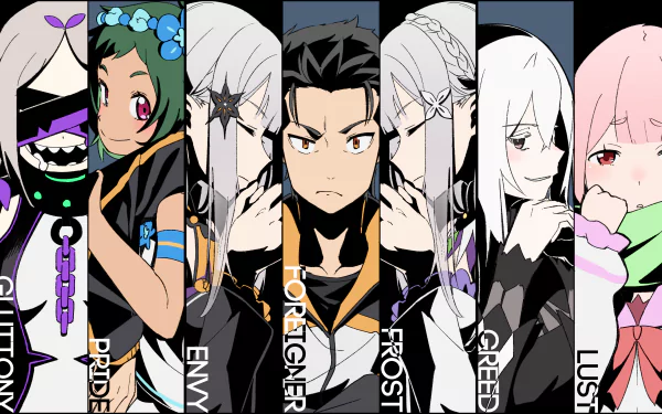 A dynamic 4K Ultra HD wallpaper features characters from Re:Zero - Starting Life in Another World, showcasing themes of sin and fantasy with vibrant colors and intricate designs.