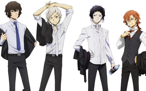 HD anime desktop wallpaper featuring Atsushi Nakajima, Chuuya Nakahara, Osamu Dazai, and Ryūnosuke Akutagawa from Bungou Stray Dogs.