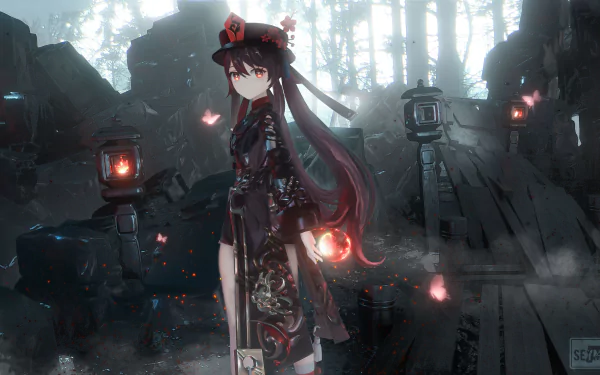 HD desktop wallpaper featuring Hu Tao from the video game Genshin Impact. She stands in a mystical, dimly lit forest with lanterns glowing faintly in the background.