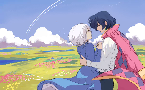 Anime-style 4K Ultra HD wallpaper featuring Sophie Hatter and Howl Jenkins Pendragon from Howl's Moving Castle embracing in a colorful, expansive field under a clear sky.