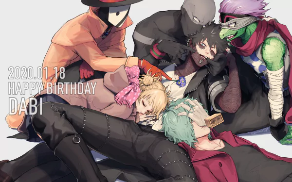 A vibrant HD wallpaper featuring characters from My Hero Academia celebrating Dabi's birthday, with a cozy scene of friends gathered together in a playful pose.