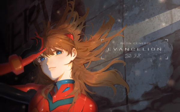 4K Ultra HD PC desktop wallpaper of Asuka Langley Sohryu (Neon Genesis Evangelion): anime portrait in red plug suit, windswept hair and determined gaze against a cracked concrete backdrop.