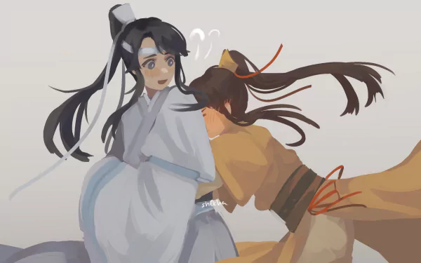 Anime HD PC desktop wallpaper/background of Lan Sizhui and Jin Ling from Mo Dao Zu Shi, Jin Ling leaning playfully on a surprised Lan Sizhui in soft, airy colors.