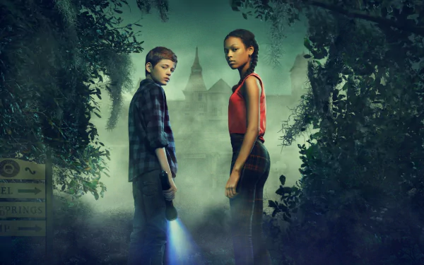 HD desktop wallpaper featuring two characters from Secrets of Sulphur Springs amidst a misty, mysterious backdrop with a flashlight and an eerie mansion.