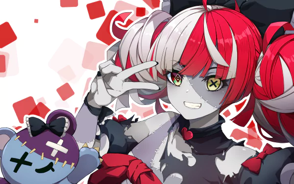 4K Ultra HD PC wallpaper of Kureiji Ollie, an anime Virtual YouTuber, grinning with red-and-white twin tails, yellow eyes, gray skin, and a stitched plush in a playful pose.