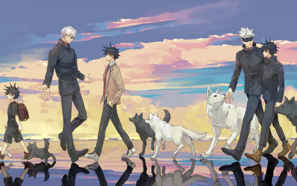 HD desktop wallpaper of Satoru Gojo and Megumi Fushiguro from Jujutsu Kaisen, walking with dogs against a vibrant sunset sky.