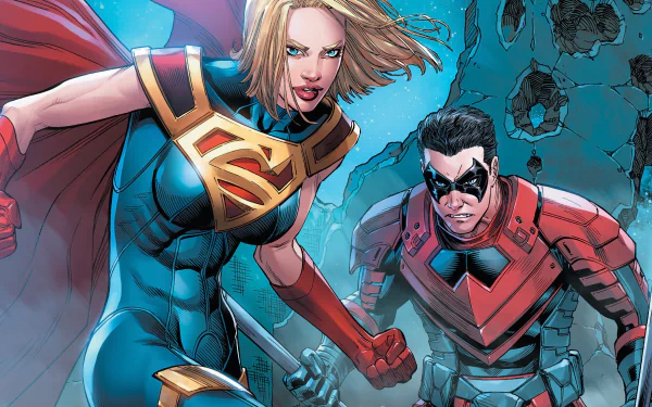 HD PC desktop wallpaper featuring Kara Zor-El as Supergirl and Damian Wayne as Nightwing from DC Comics' Injustice 2.