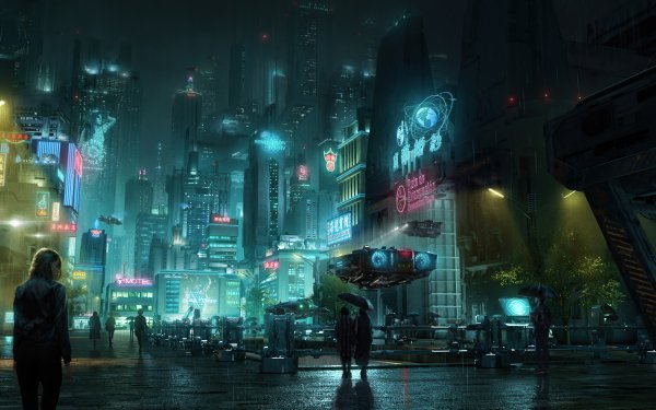 Sci Fi City Night Futuristic People Building Skyscraper Cyberpunk HD Wallpaper | Background Image