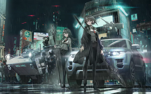 HD anime desktop wallpaper featuring two anime girls in police uniforms standing confidently in a rainy, neon-lit urban setting with armored vehicles and sleek cars.