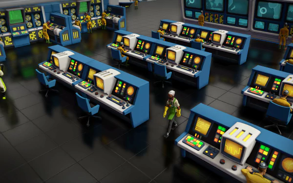 HD wallpaper from Evil Genius 2: World Domination featuring a villain in a high-tech control room.