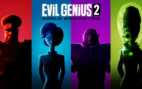 HD desktop wallpaper for Evil Genius 2: World Domination featuring four stylized villainous characters against vibrant colored backgrounds.