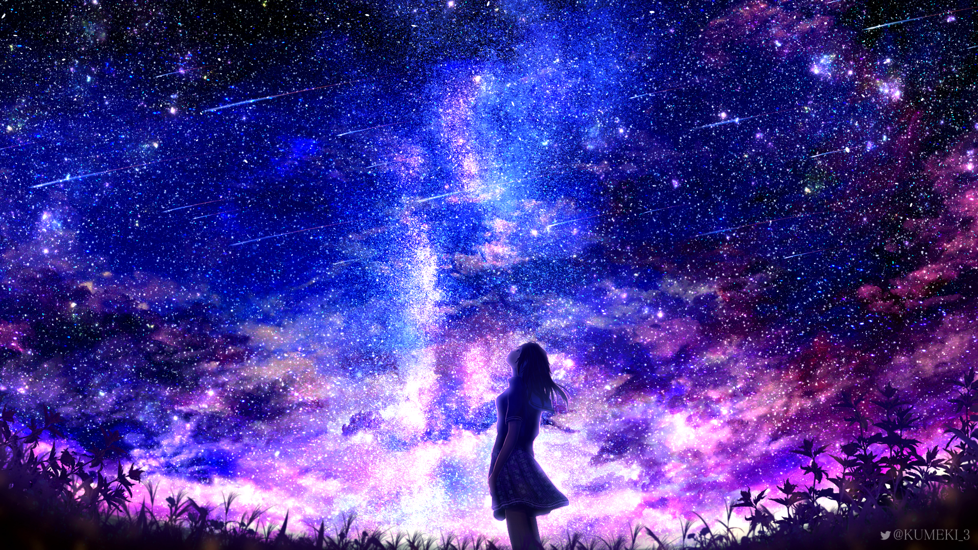 Anime girl stargazing. Cute girl looking at the night sky