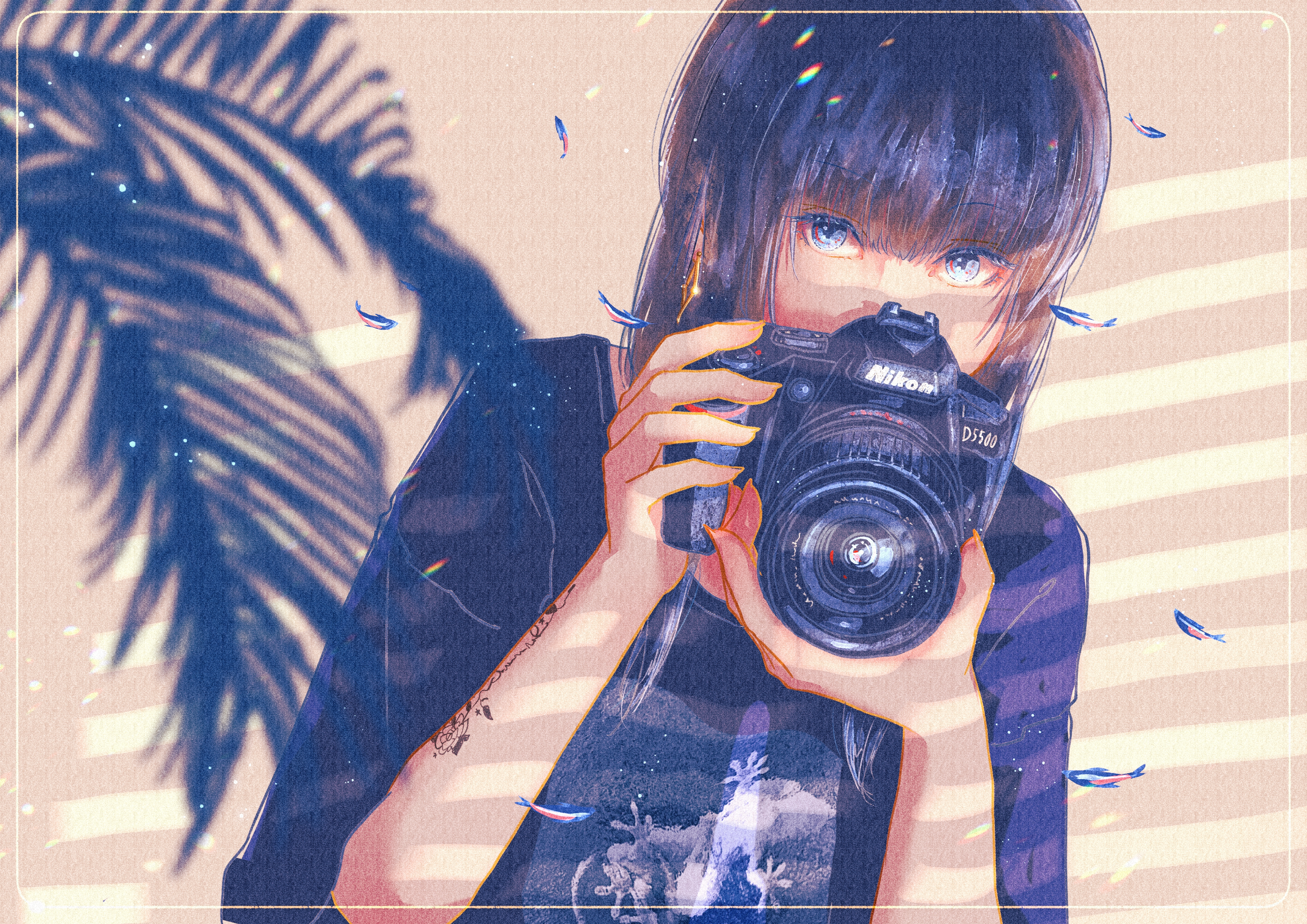Anime boy with blue hair holding a polaroid camera on Craiyon