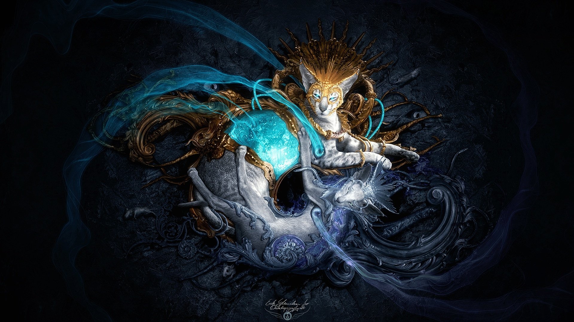 Fantasy cat spirit with a golden mane and glowing blue armor, perched on a ghostly skull amid swirling teal magic — HD PC desktop wallpaper and background.
