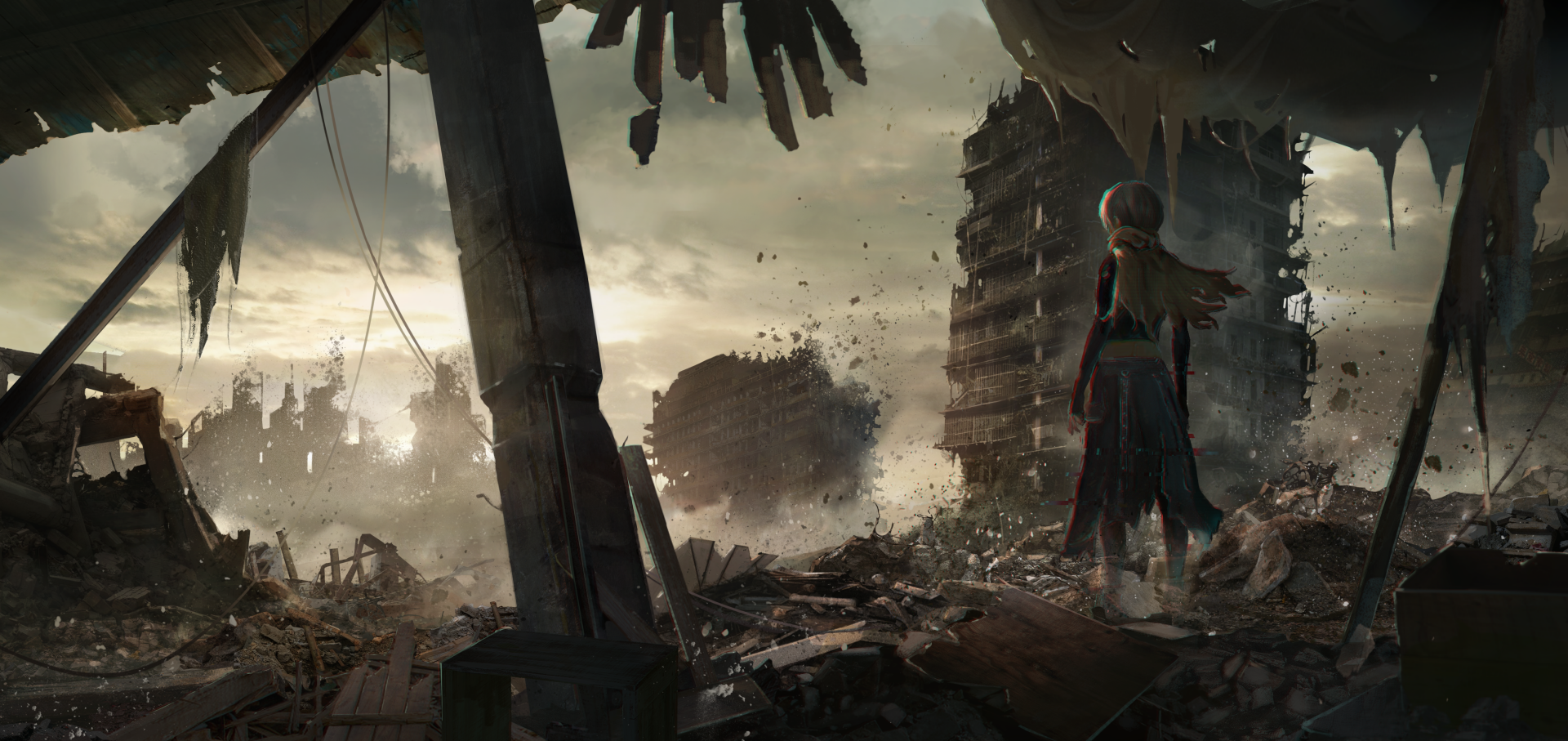 A post-apocalyptic anime scene depicts a lone figure amidst crumbling buildings, set against a dramatic sky, creating a striking 4K Ultra HD desktop wallpaper.