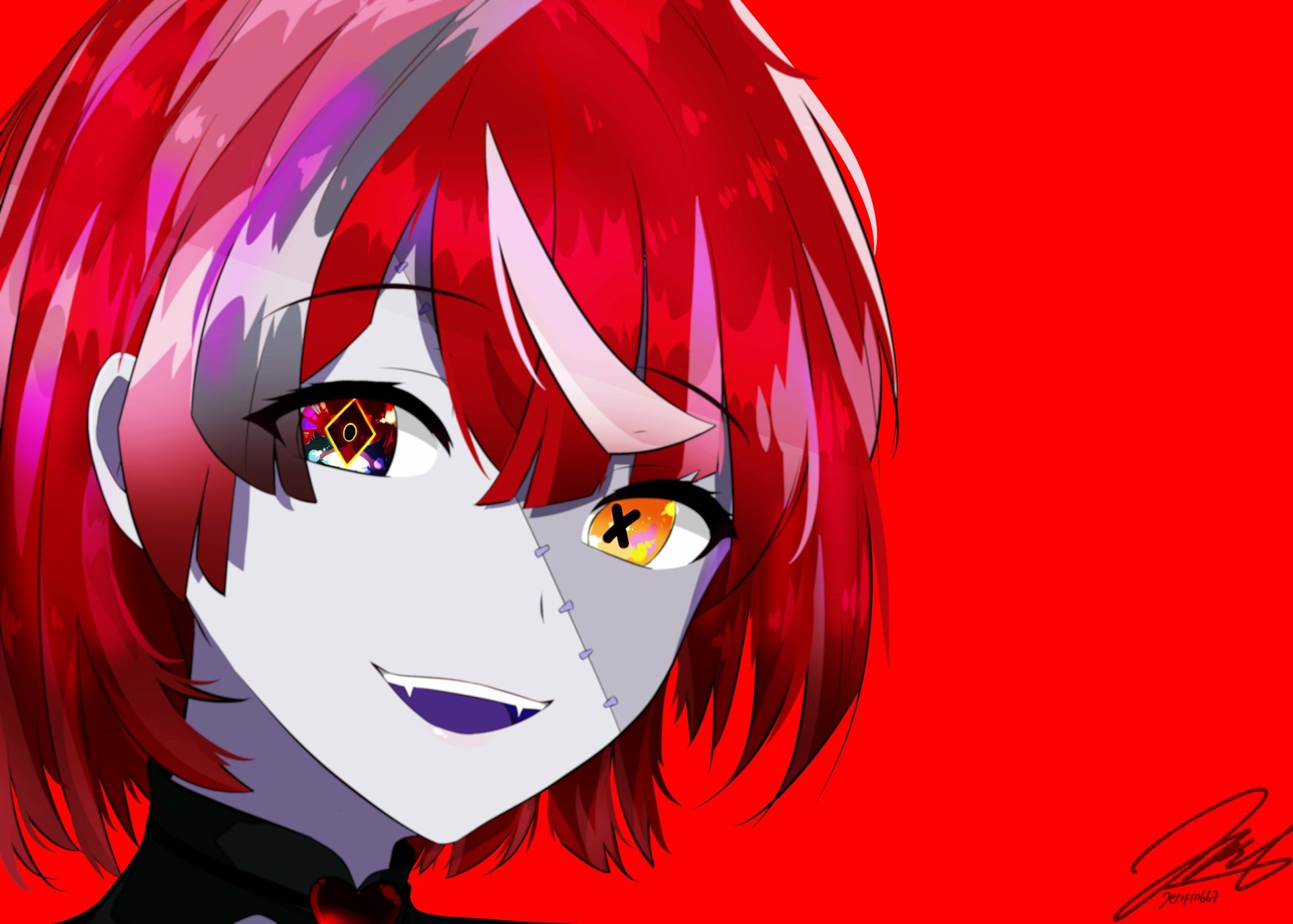 Close-up anime portrait of hololive Virtual YouTuber Kureiji Ollie: red hair, stitched pale skin and starry yellow eyes on a vivid red 4K Ultra HD PC desktop wallpaper background.
