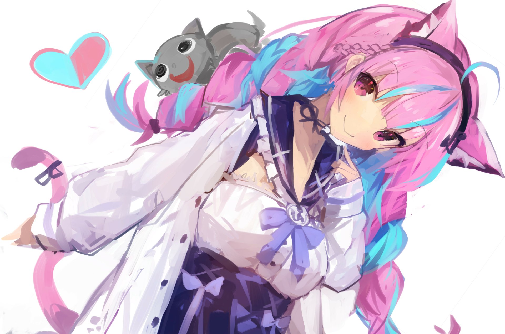 4K PC wallpaper of hololive Virtual YouTuber Minato Aqua: vibrant anime portrait with pink-cyan braided hair, cat ears, headset, ribboned sailor outfit and a playful cat on her shoulder.