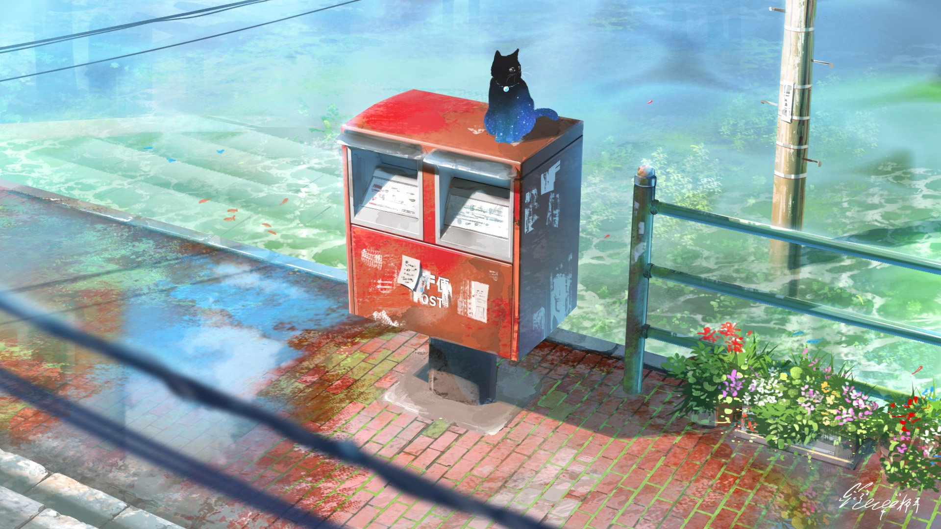 HD anime desktop wallpaper featuring a black anime cat sitting atop a red postbox on a sunlit street with flowers and shadows adding vibrant detail.