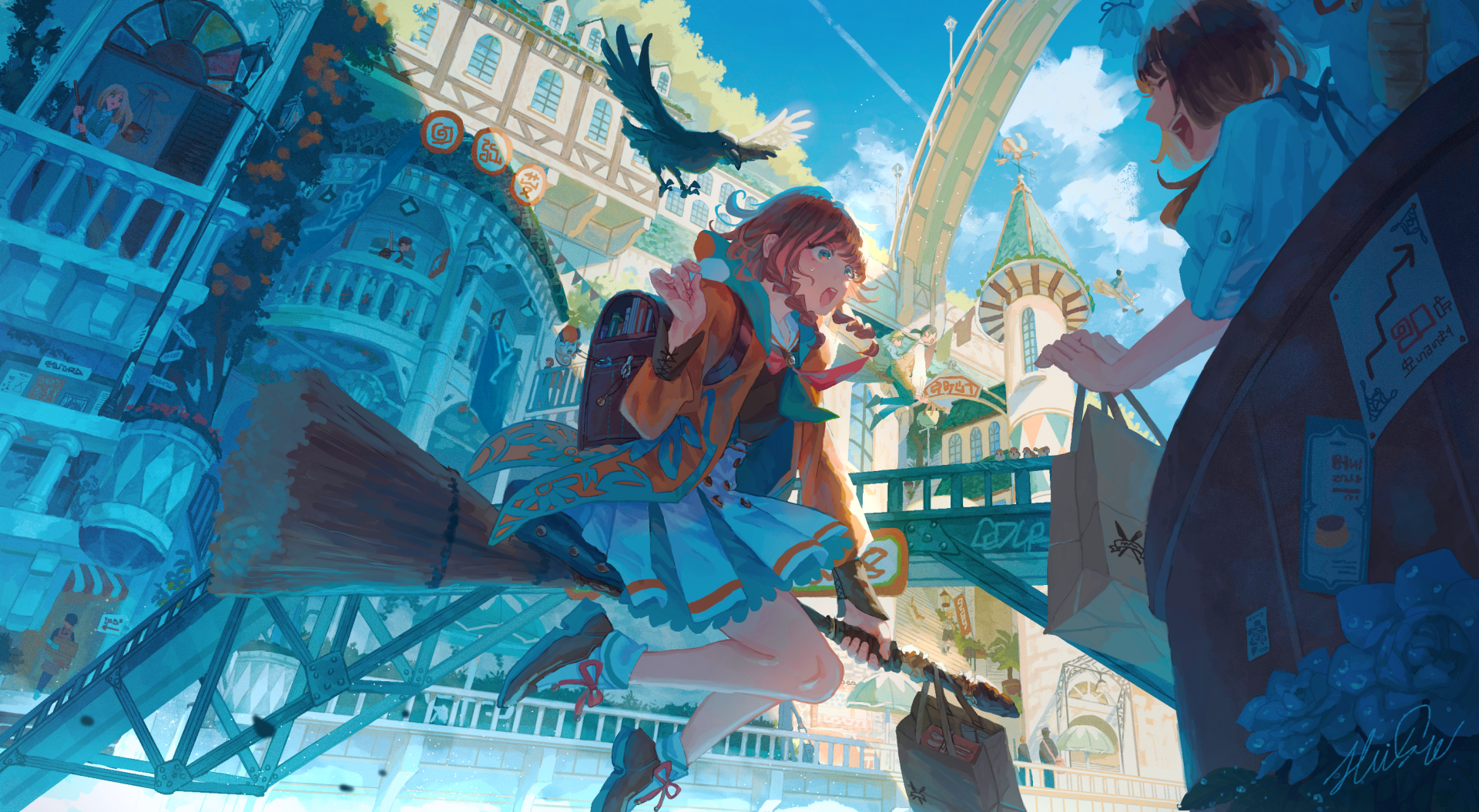 Anime girl flying on a broomstick over a vibrant cityscape with blue skies, captured in an HD PC desktop wallpaper and background.