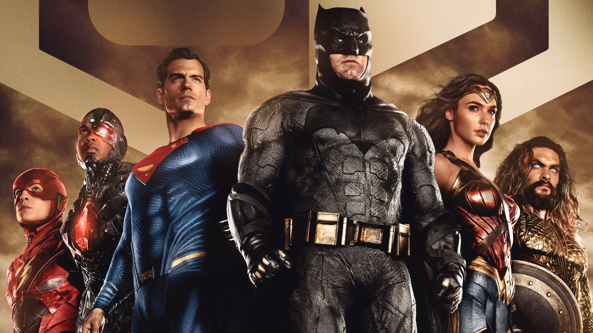 Stylized Zack Snyder's Justice League characters in an HD desktop wallpaper: Barry Allen, Aquaman, Wonder Woman, Batman, Superman, Cyborg, and Flash.