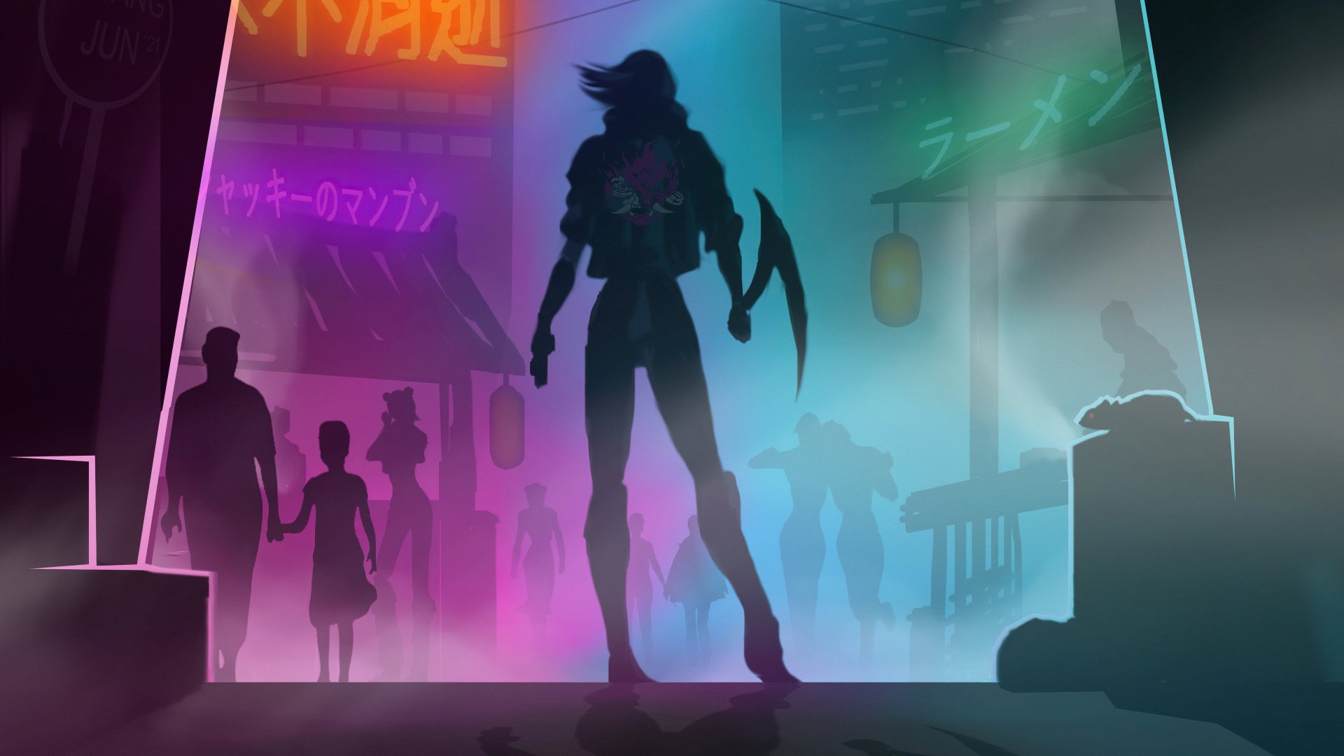 Cyberpunk 2077 5K Ultra HD PC desktop wallpaper: silhouetted cybernetic figure with curved blades in a neon-lit rain-soaked street, shadowy pedestrians and glowing signs.