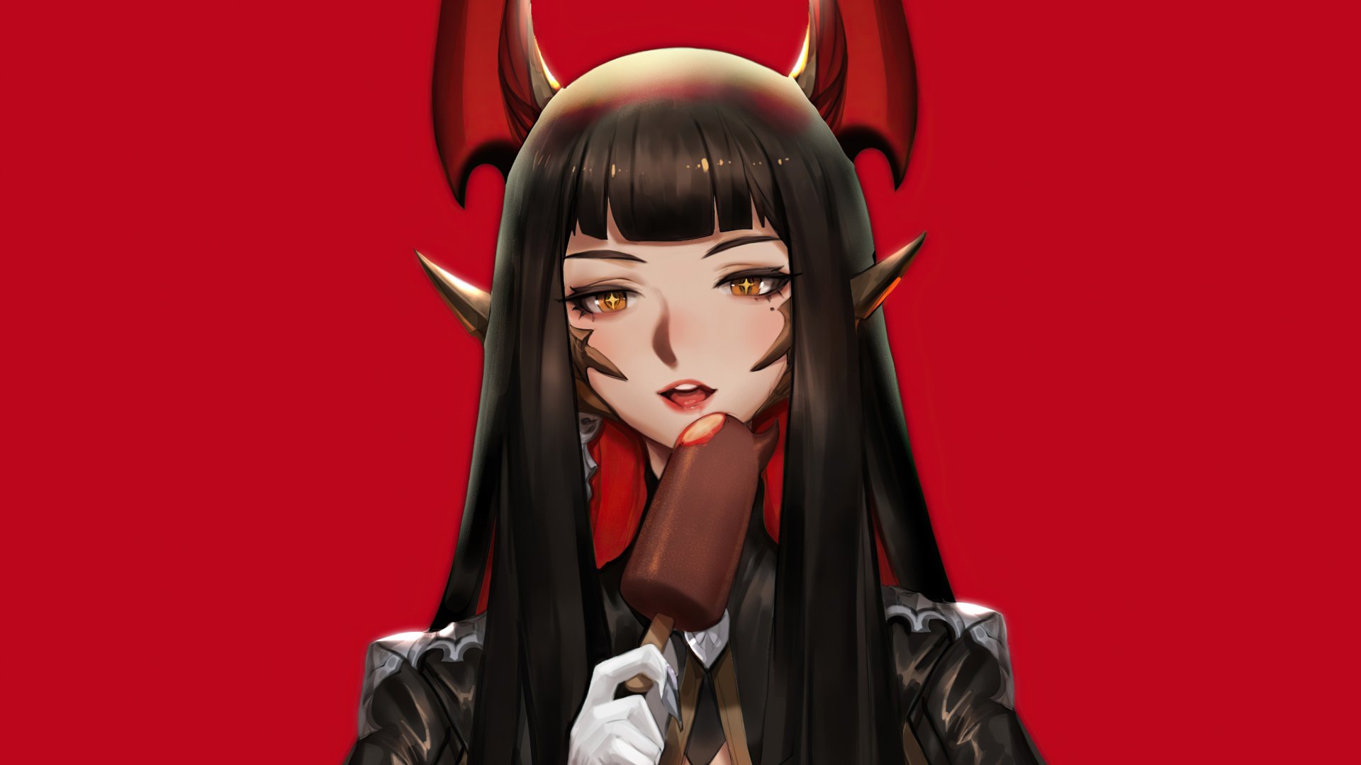 Anime girl with black hair and small horns licking a chocolate ice cream bar against a bold red backdrop — 5K Ultra HD PC desktop wallpaper/background