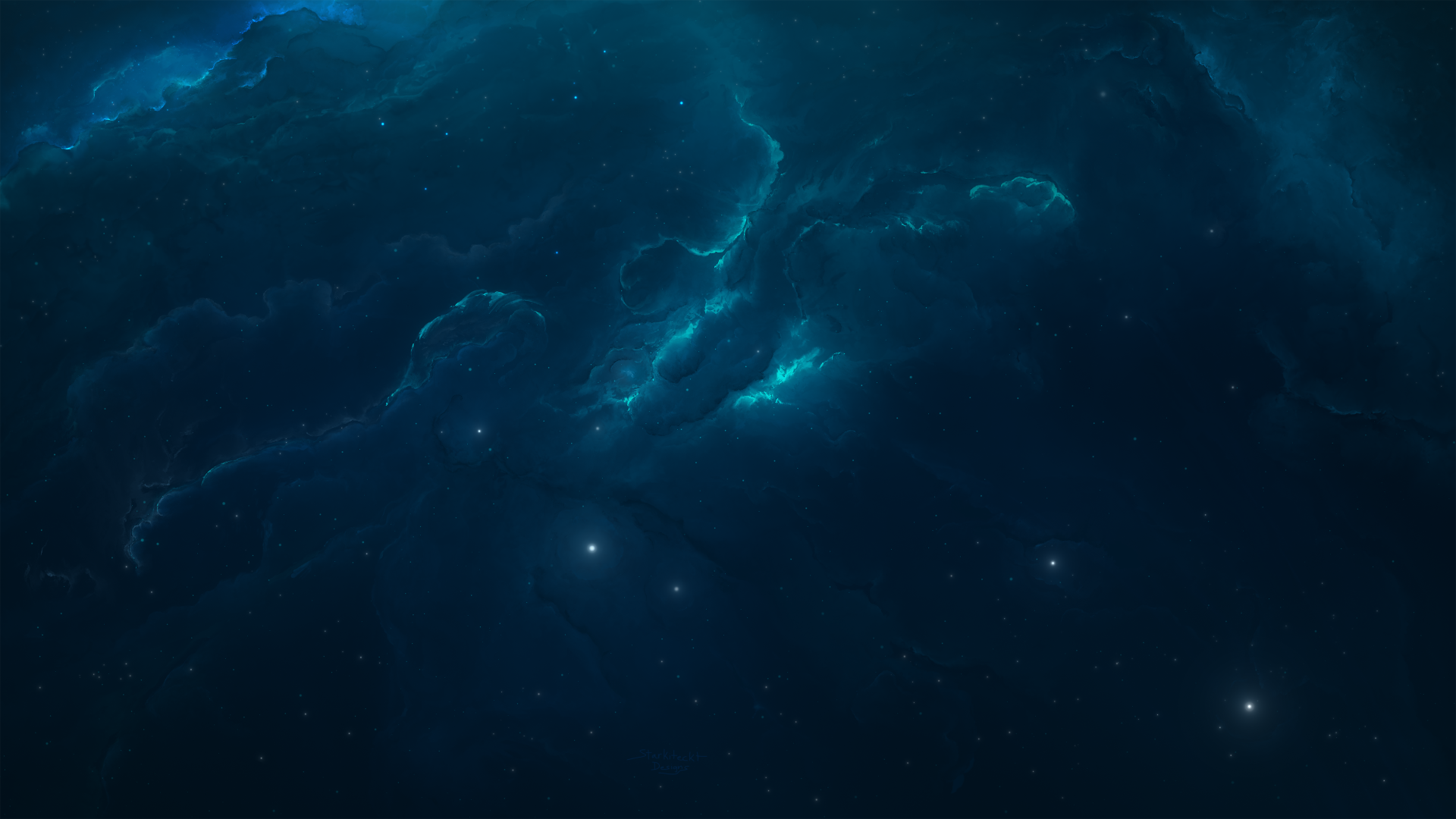 HD desktop wallpaper featuring a serene blue nebula with glowing cores and scattered stars, themed in a sci-fi space style.