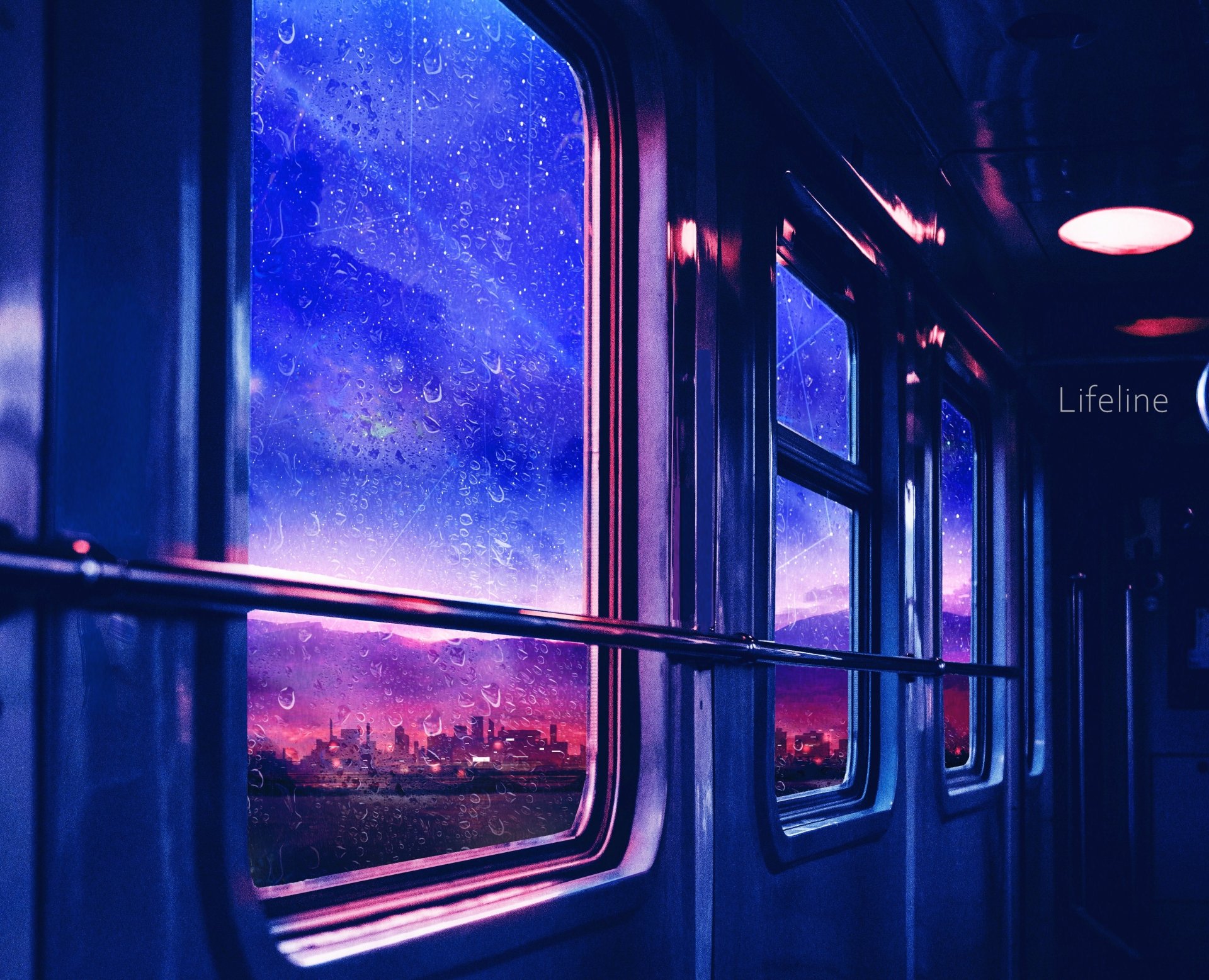 Anime-style 4K Ultra HD desktop wallpaper depicting a train interior with windows revealing a vibrant, colorful cityscape at twilight.