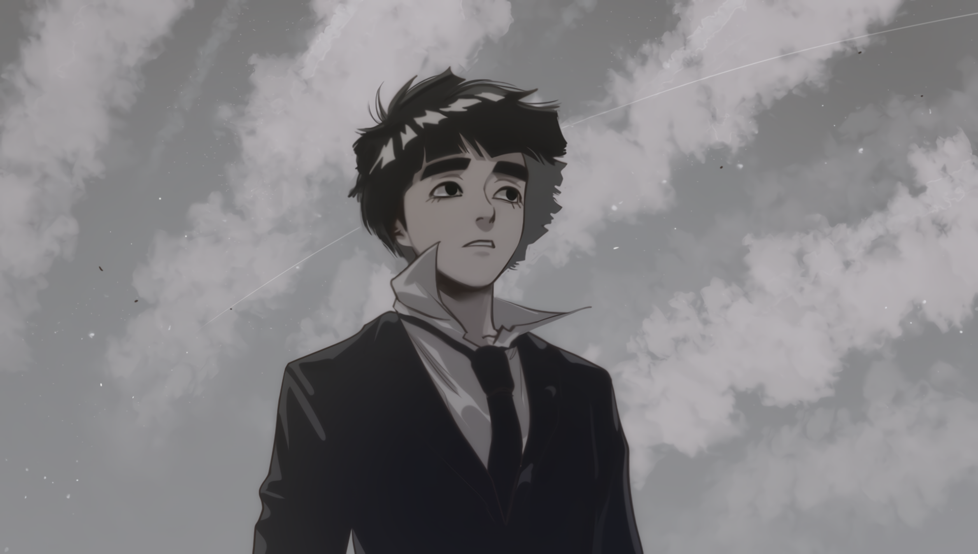 Black and white anime-style HD desktop wallpaper featuring Rock Lee from Naruto, depicted with a serious expression against a cloudy sky background.