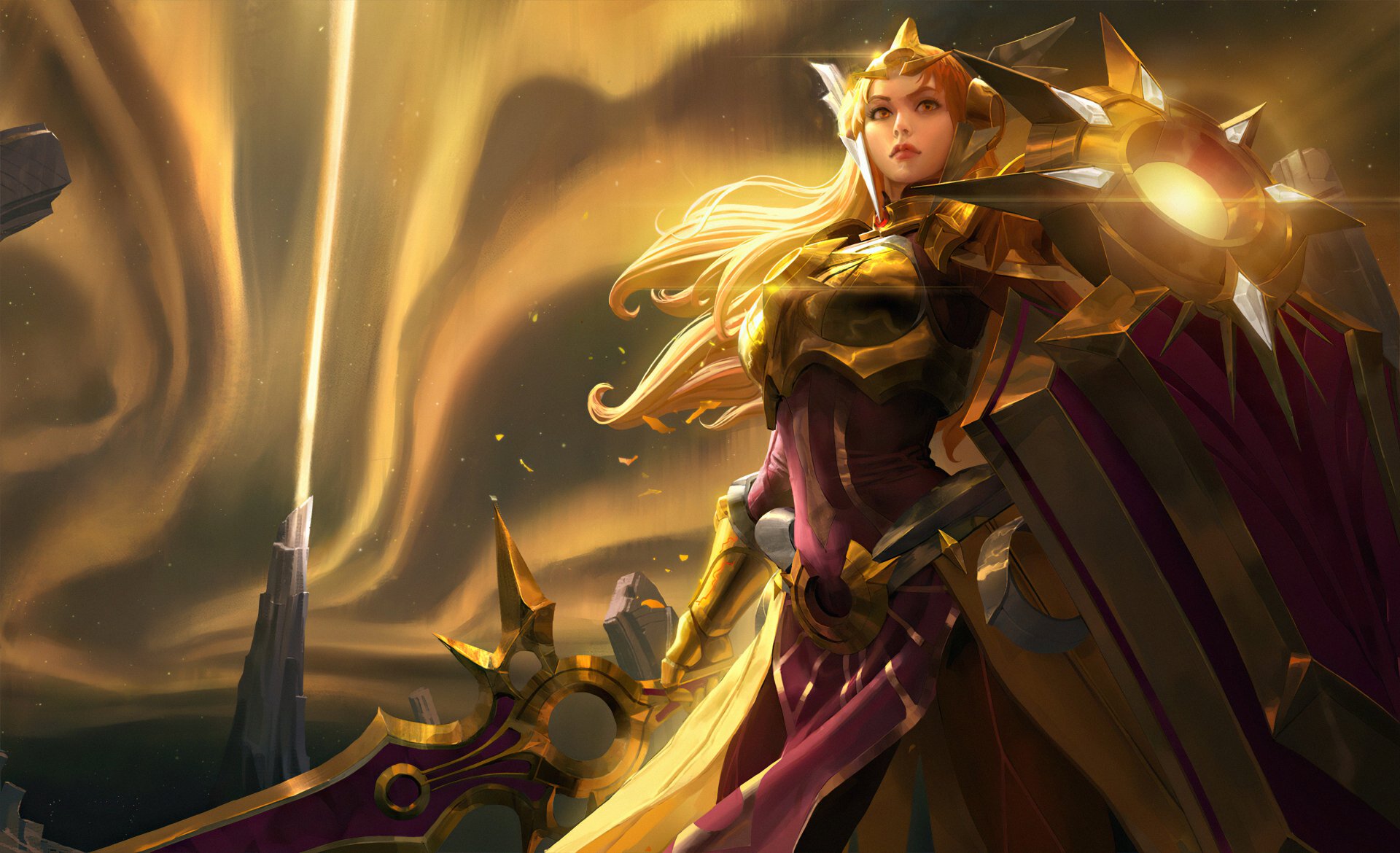 Leona from the video game League of Legends in radiant golden armor with shield, bathed in sunlight — 4K Ultra HD PC desktop wallpaper background.