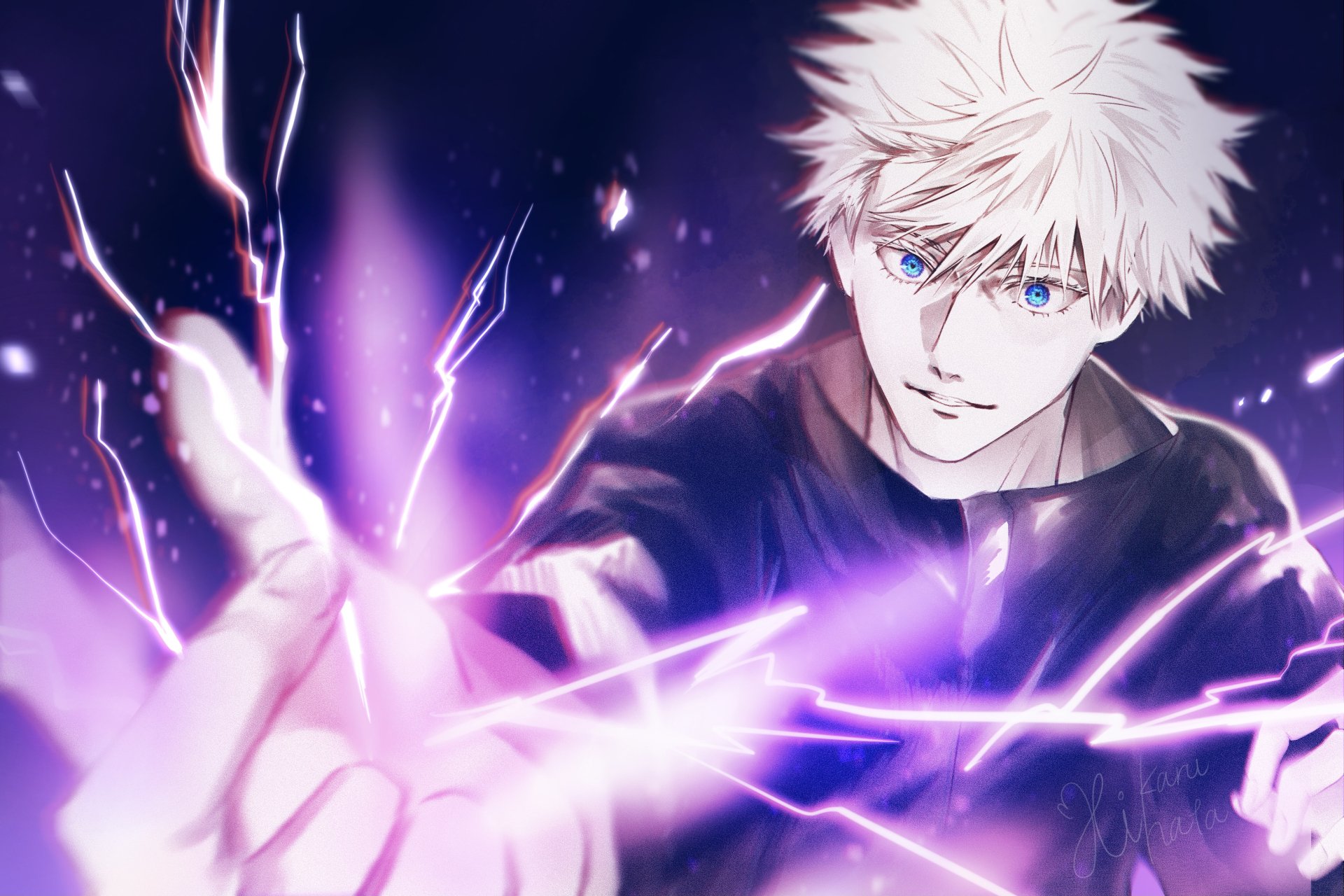 Anime character Satoru Gojo from Jujutsu Kaisen in a school uniform with striking blue eyes and white hair, depicted with glowing energy in a 4K Ultra HD wallpaper.