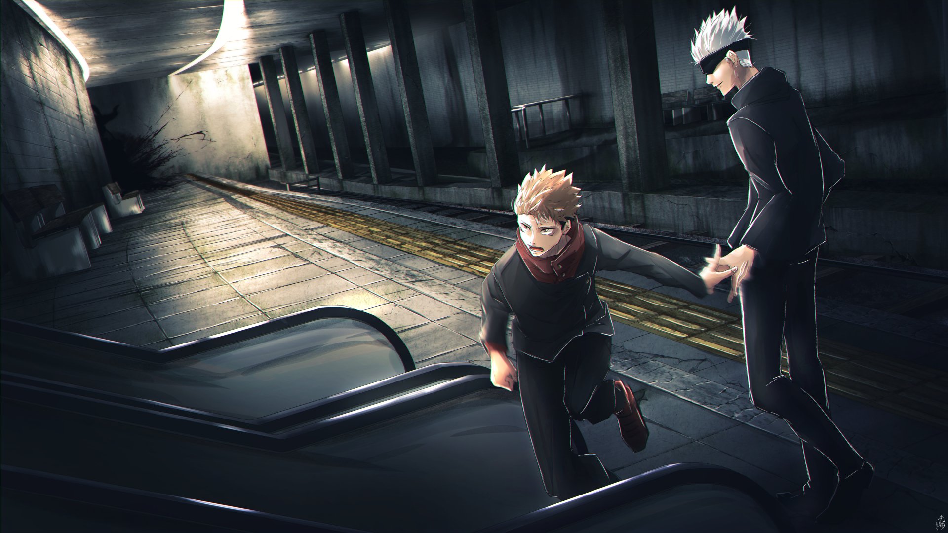 Download Blindfold School Uniform White Hair Yuji Itadori Satoru Gojo Anime Jujutsu Kaisen 4k Ultra HD Wallpaper by 光鶴
