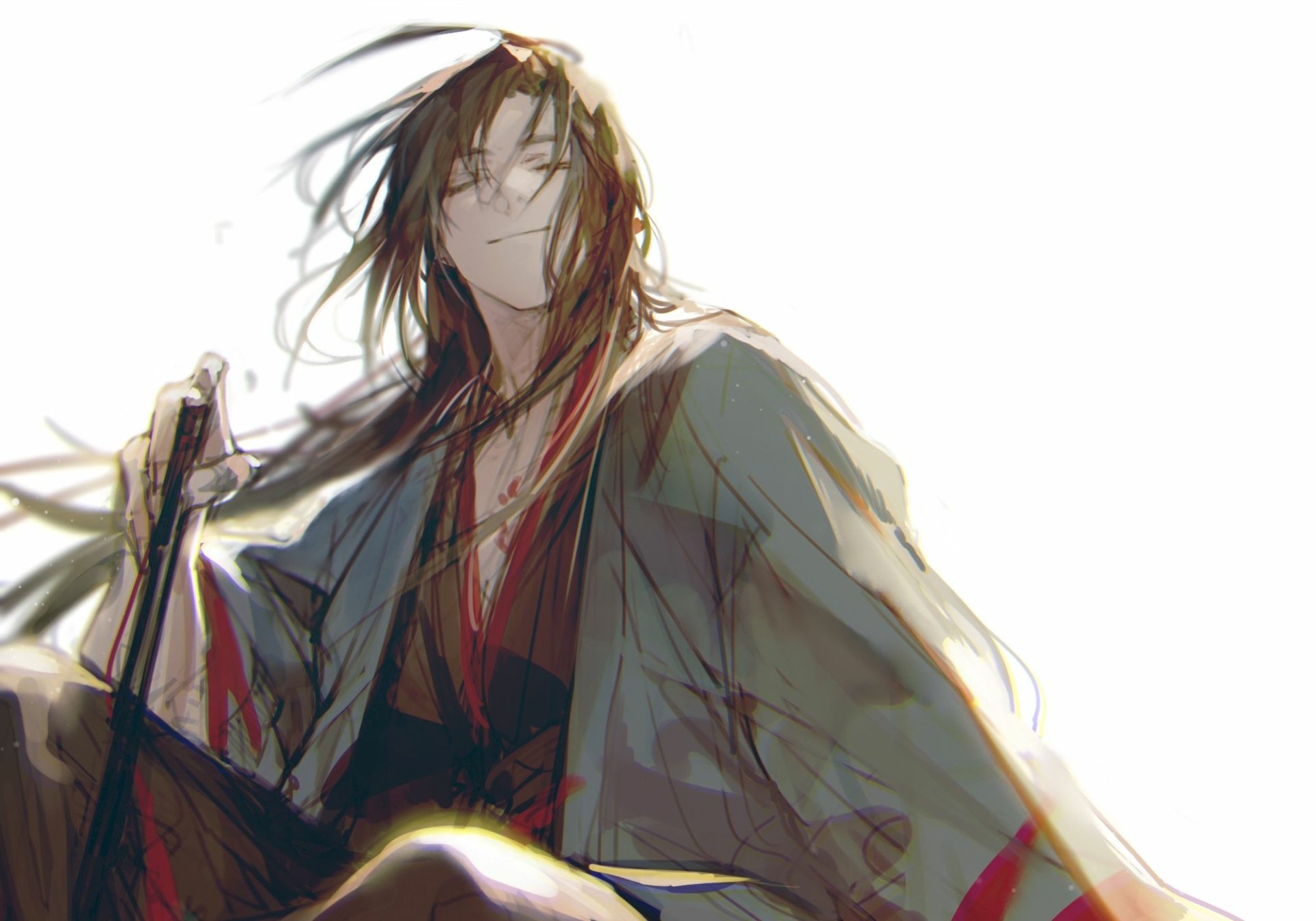 Anime HD PC desktop wallpaper of Wei Wuxian from Mo Dao Zu Shi: windswept hair, dark robe and relaxed smirk, holding his flute against a bright, minimal background.