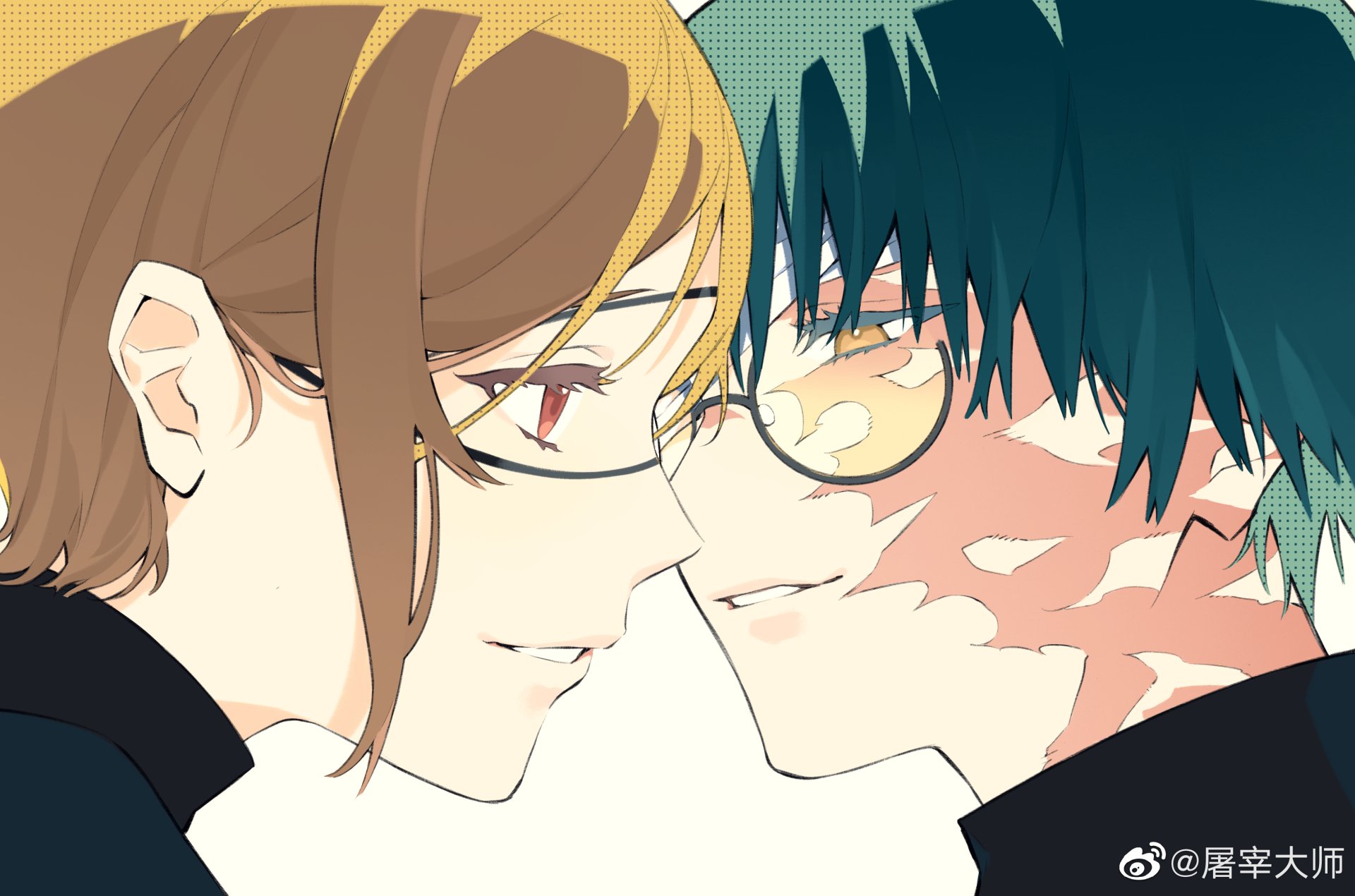 HD anime wallpaper featuring Maki Zenin with brown hair and glasses facing Nobara Kugisaki with green hair and brown eyes from Jujutsu Kaisen.