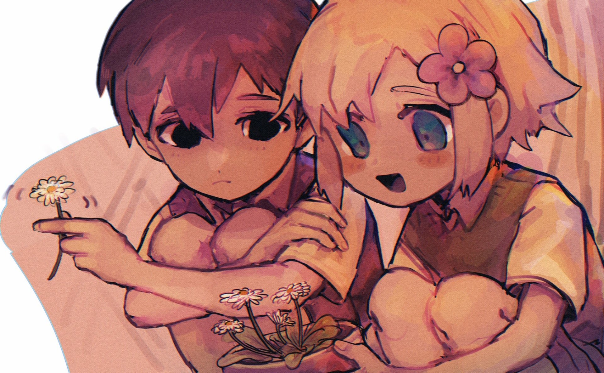 HD PC desktop wallpaper of Sunny (Omori) with black hair and Basil (Omori), blonde, from the video game OMORI, sitting close, smiling and examining small white flowers on a soft pastel background.