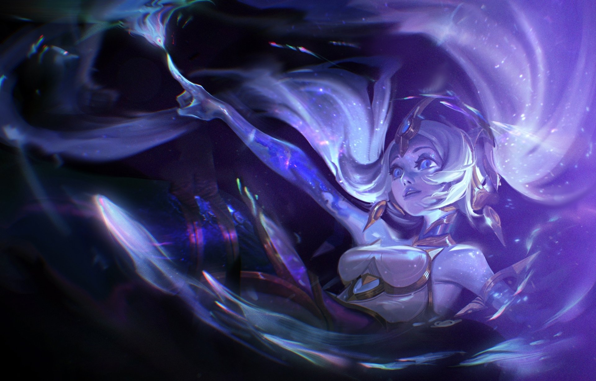 HD PC desktop wallpaper featuring Nami from League of Legends, depicted in a dynamic underwater scene with vibrant purple and blue hues.