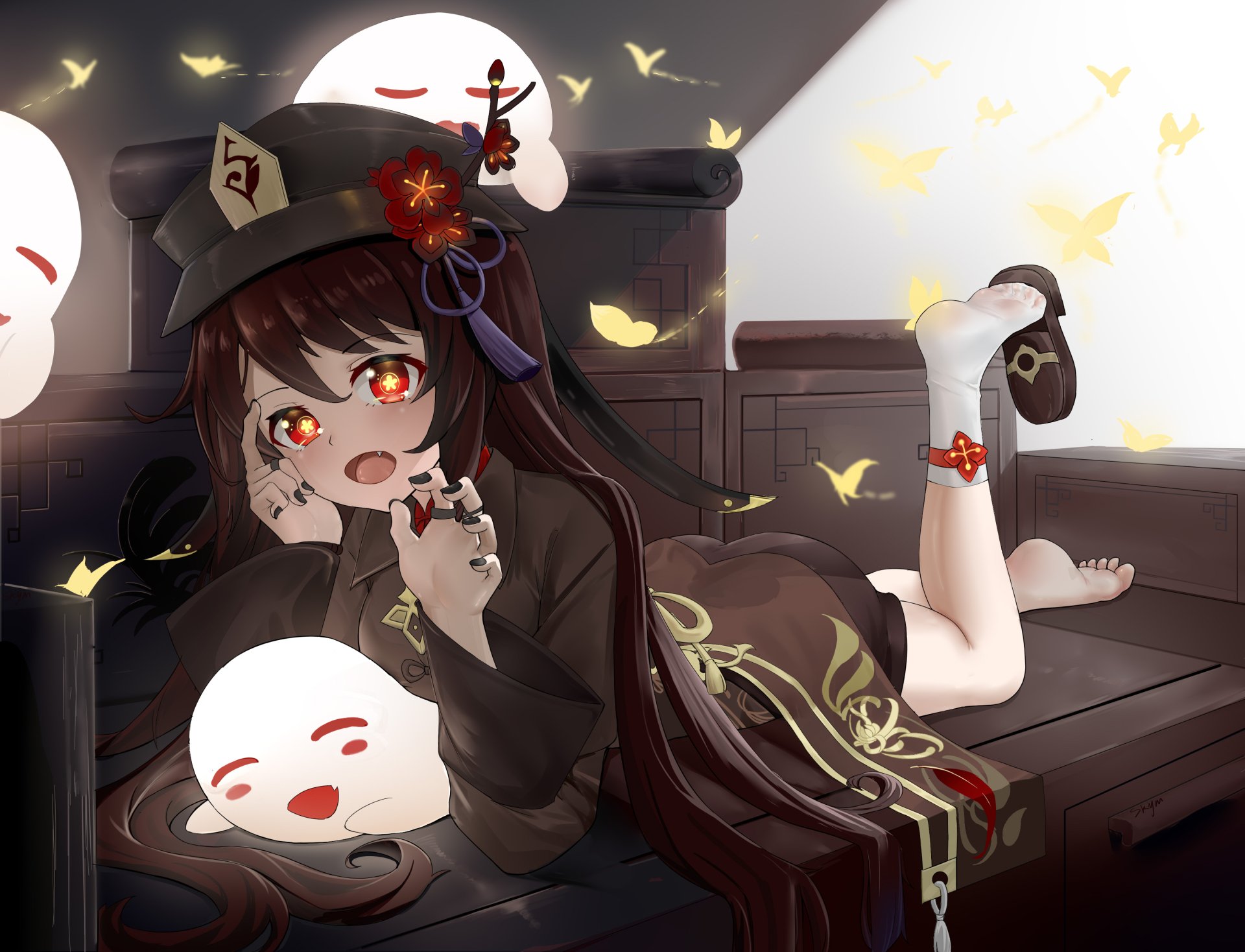 Hu Tao (Genshin Impact) lounging on a wooden bench amid playful ghost masks and golden butterflies — 2K Quad HD PC desktop wallpaper/background.