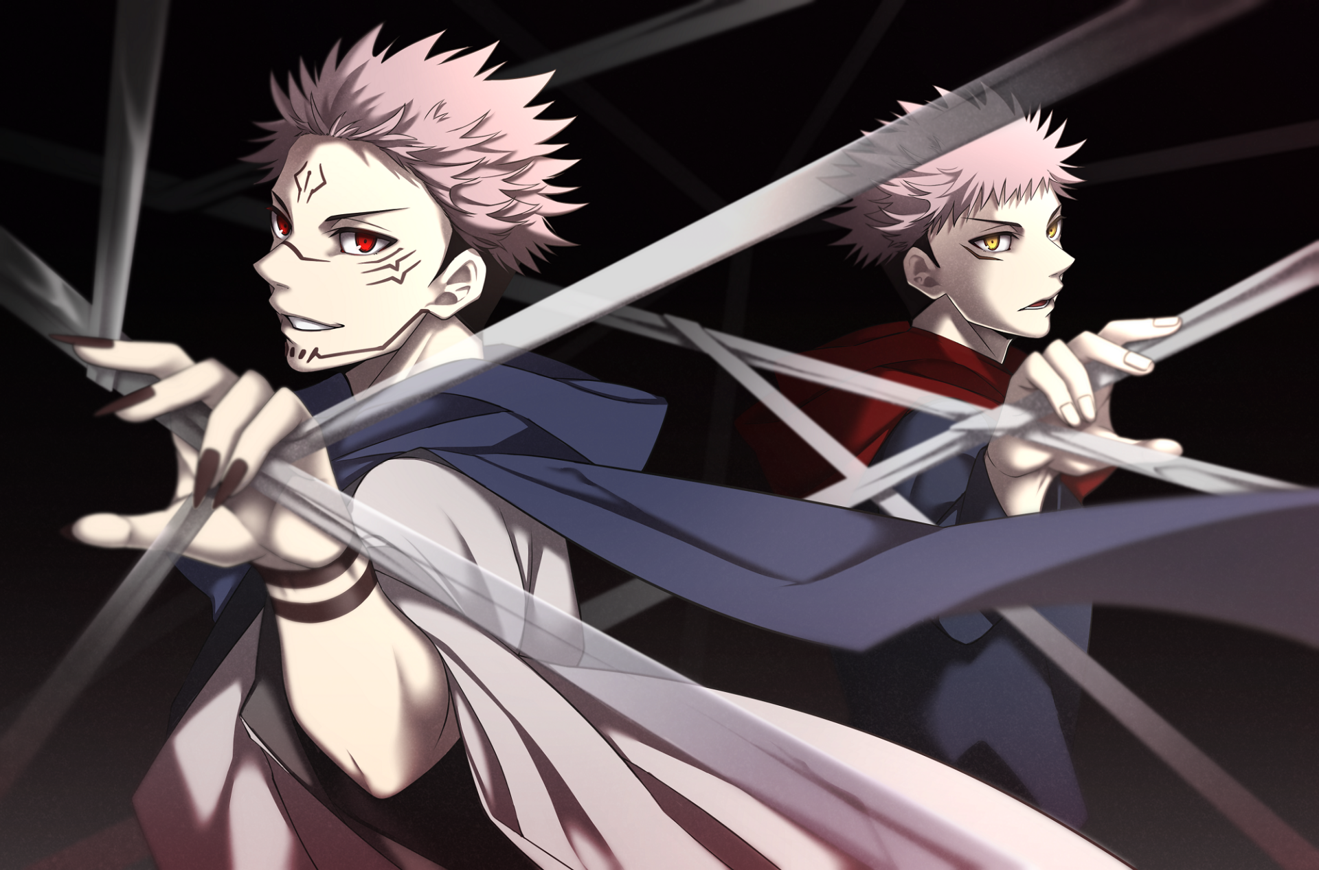 HD PC wallpaper: anime scene of Yuji Itadori and Sukuna from Jujutsu Kaisen, pink hair and red eyes, back-to-back while wielding dark ribbon-like blades.