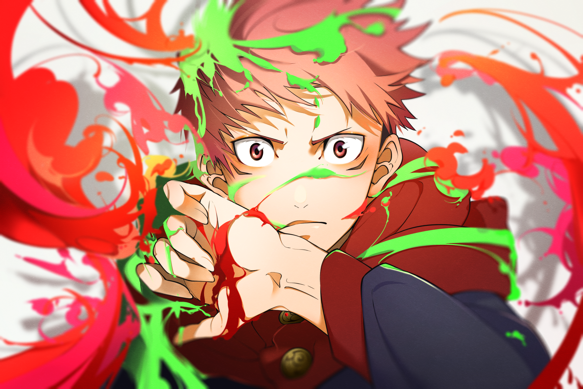 Anime HD wallpaper featuring Yuji Itadori from Jujutsu Kaisen with pink hair, brown eyes, and school uniform surrounded by vibrant red and green energy effects.