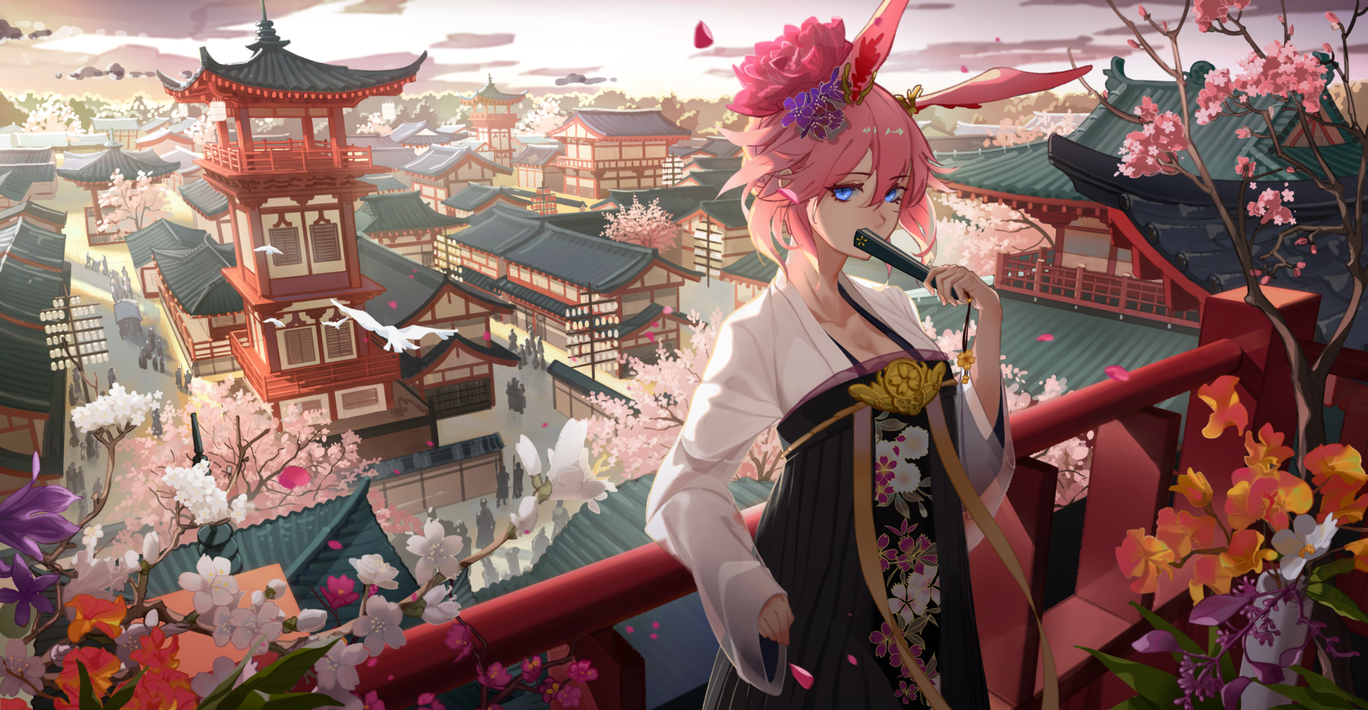 Yae Sakura from Honkai Impact 3rd features pink hair, blue eyes, and animal ears, standing against a beautiful cherry blossom backdrop with traditional architecture.
