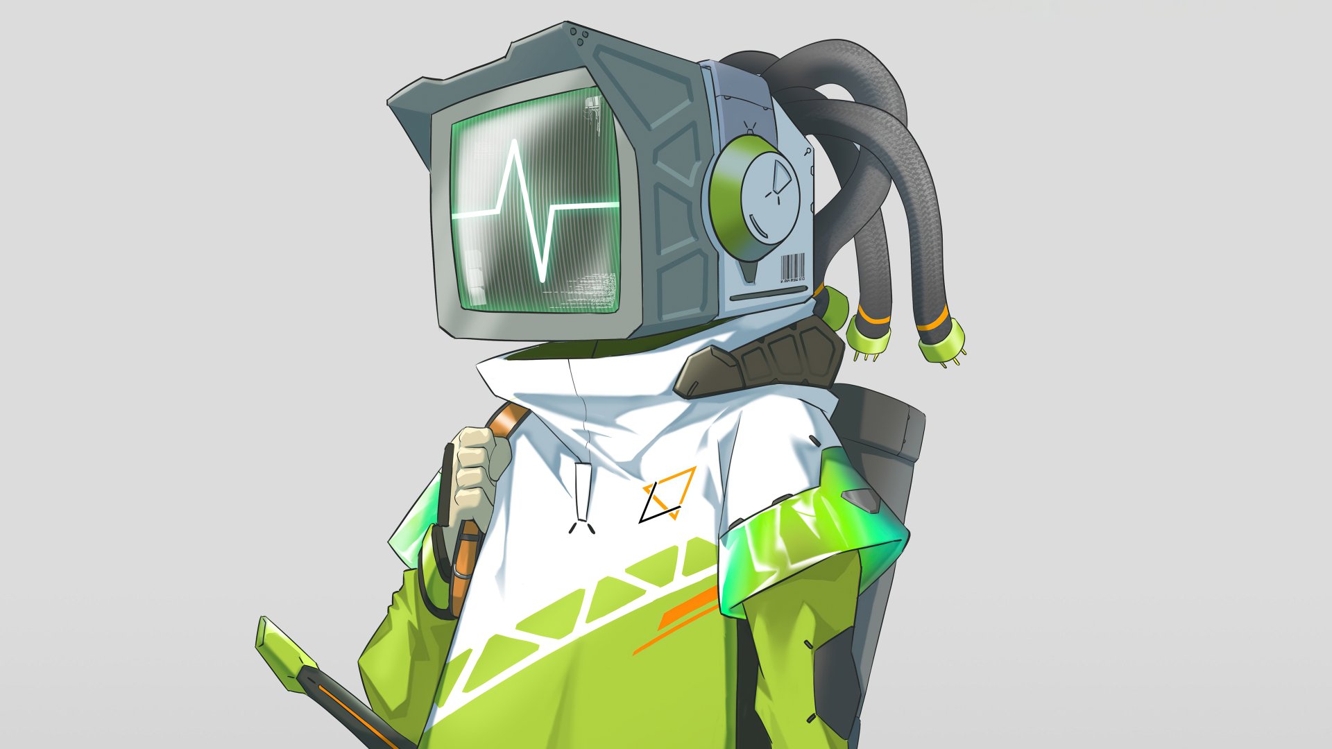 HD desktop wallpaper featuring a sci-fi robot with a monitor head displaying a heartbeat line, wearing a futuristic outfit with green accents, set against a plain background.