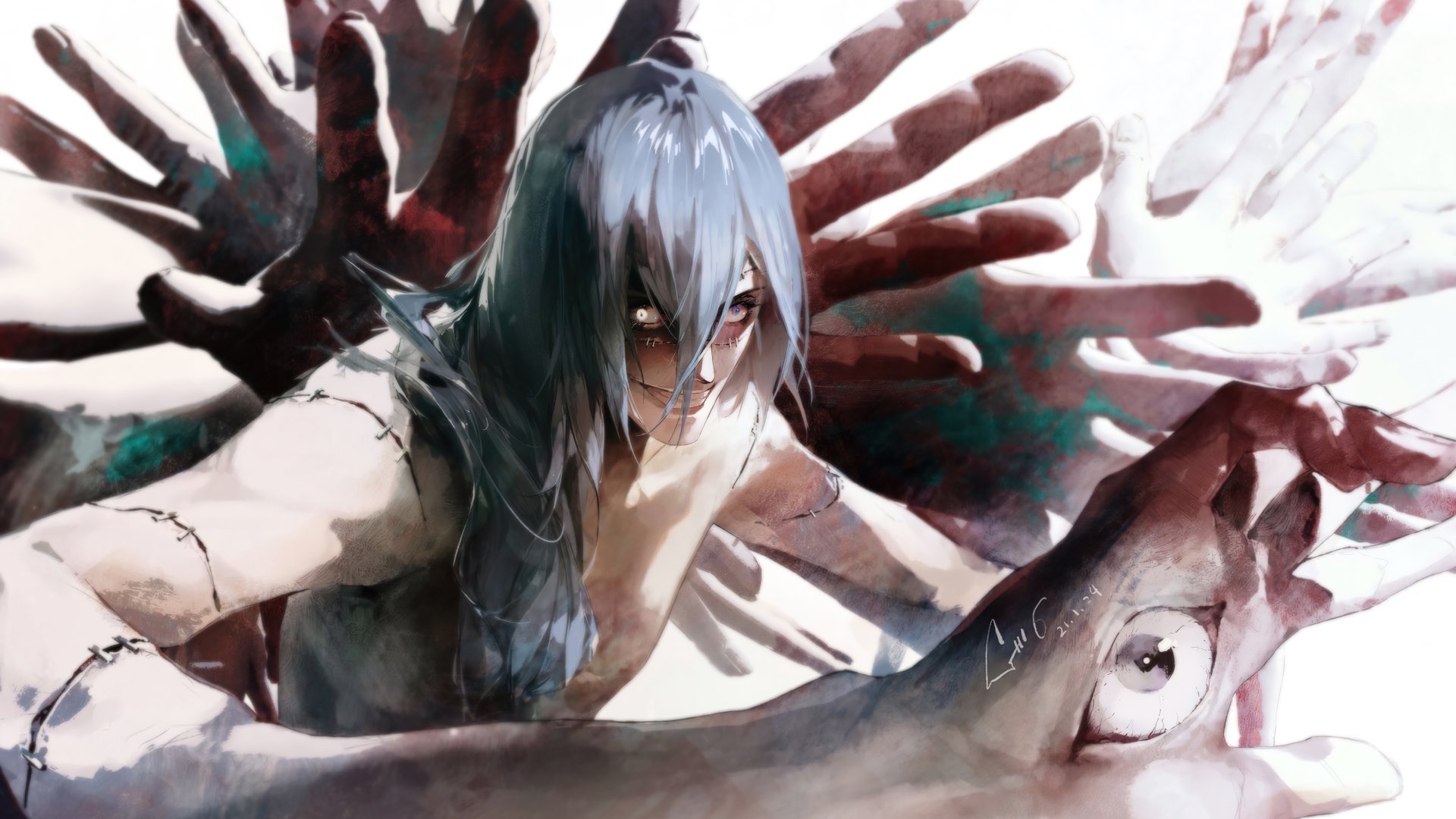 4K Ultra HD anime wallpaper featuring Mahito from Jujutsu Kaisen, showcasing his eerie presence with multiple shadowy hands and a striking, intense gaze.