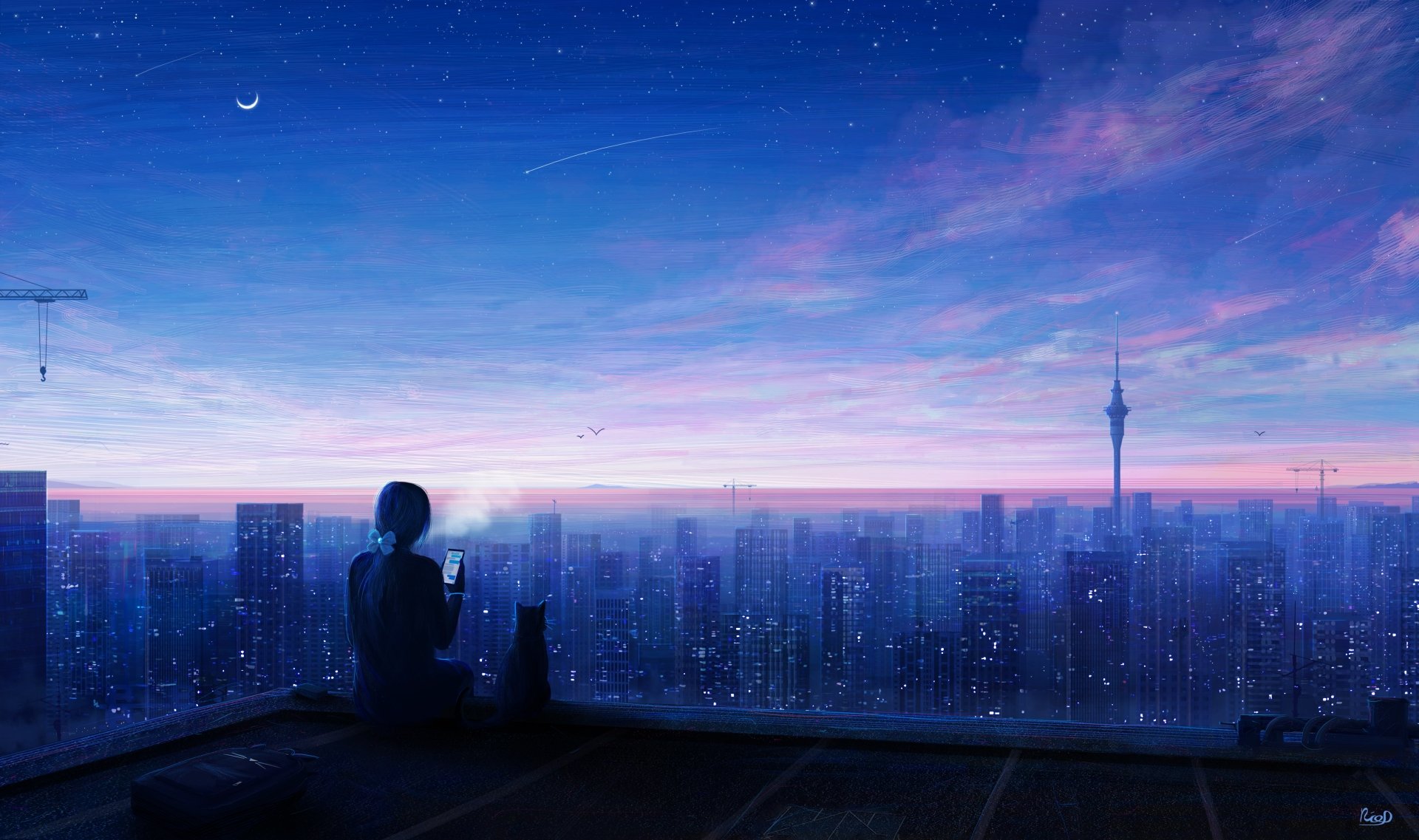 HD anime desktop wallpaper featuring a girl and a cat overlooking a stunning cityscape at night, illuminated by a twilight sky and distant skyscrapers.