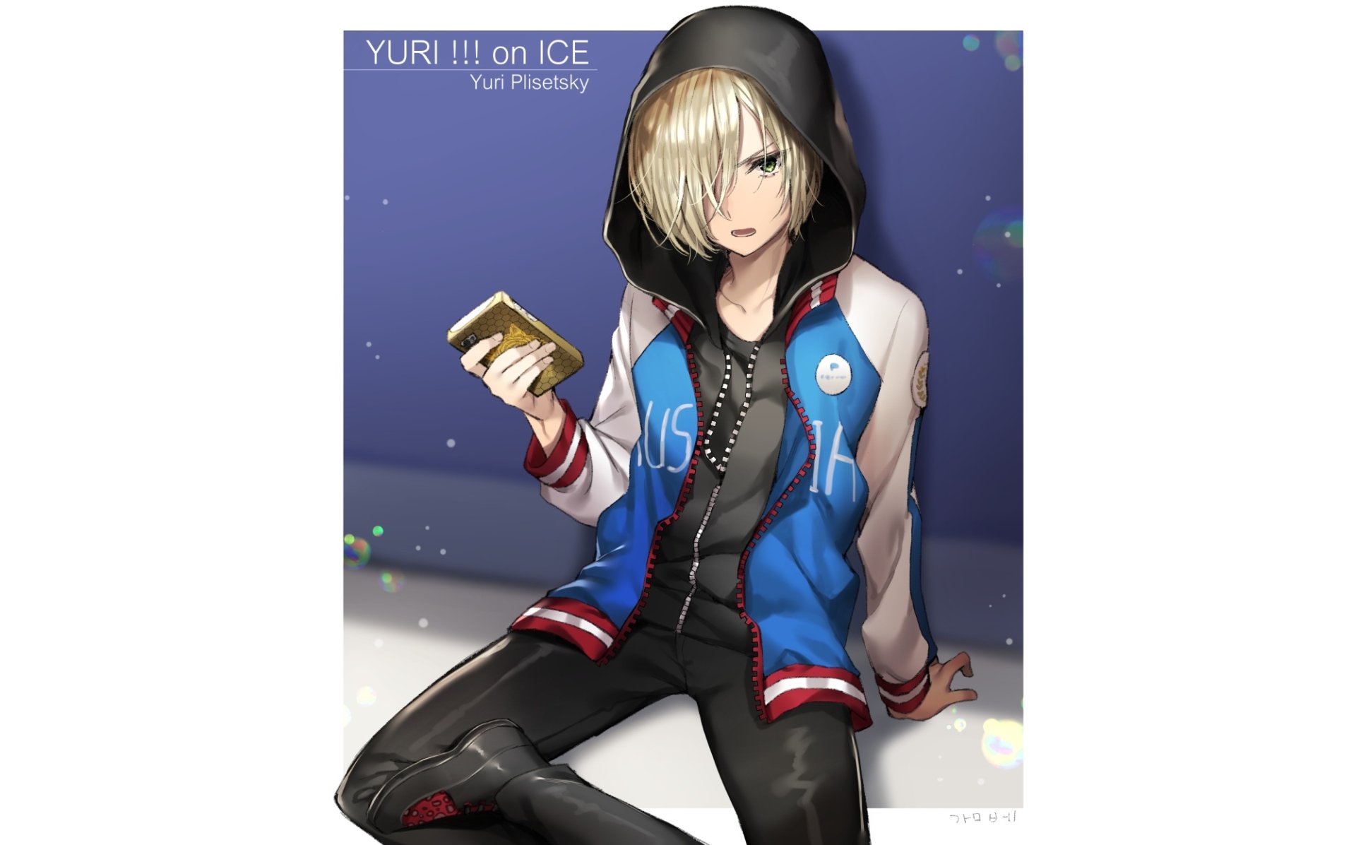 HD PC desktop wallpaper of Yuri Plisetsky from the anime Yuri!!! on ICE — seated in a blue hooded jacket, holding a phone, with a cool, focused expression.
