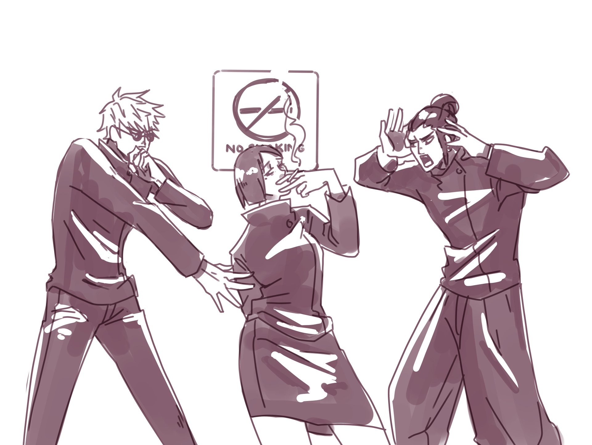 Monochrome anime wallpaper of Satoru Gojo, Suguru Geto and Shoko Ieiri in school uniforms striking playful poses — 8K Ultra HD Jujutsu Kaisen PC desktop background.