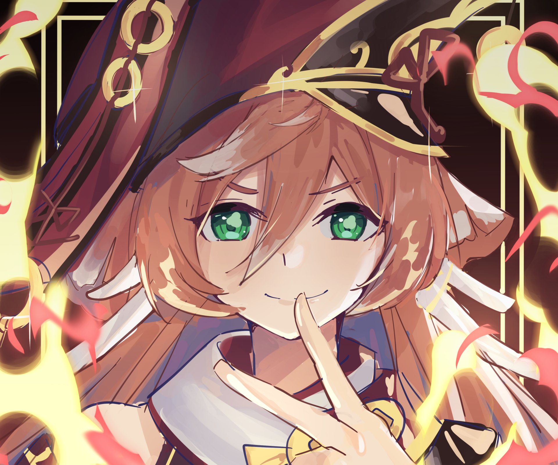 Yanfei from Genshin Impact smiling with finger to her lips, glowing flames and vivid green eyes — stylized video game art, 2K Quad HD PC desktop wallpaper/background.