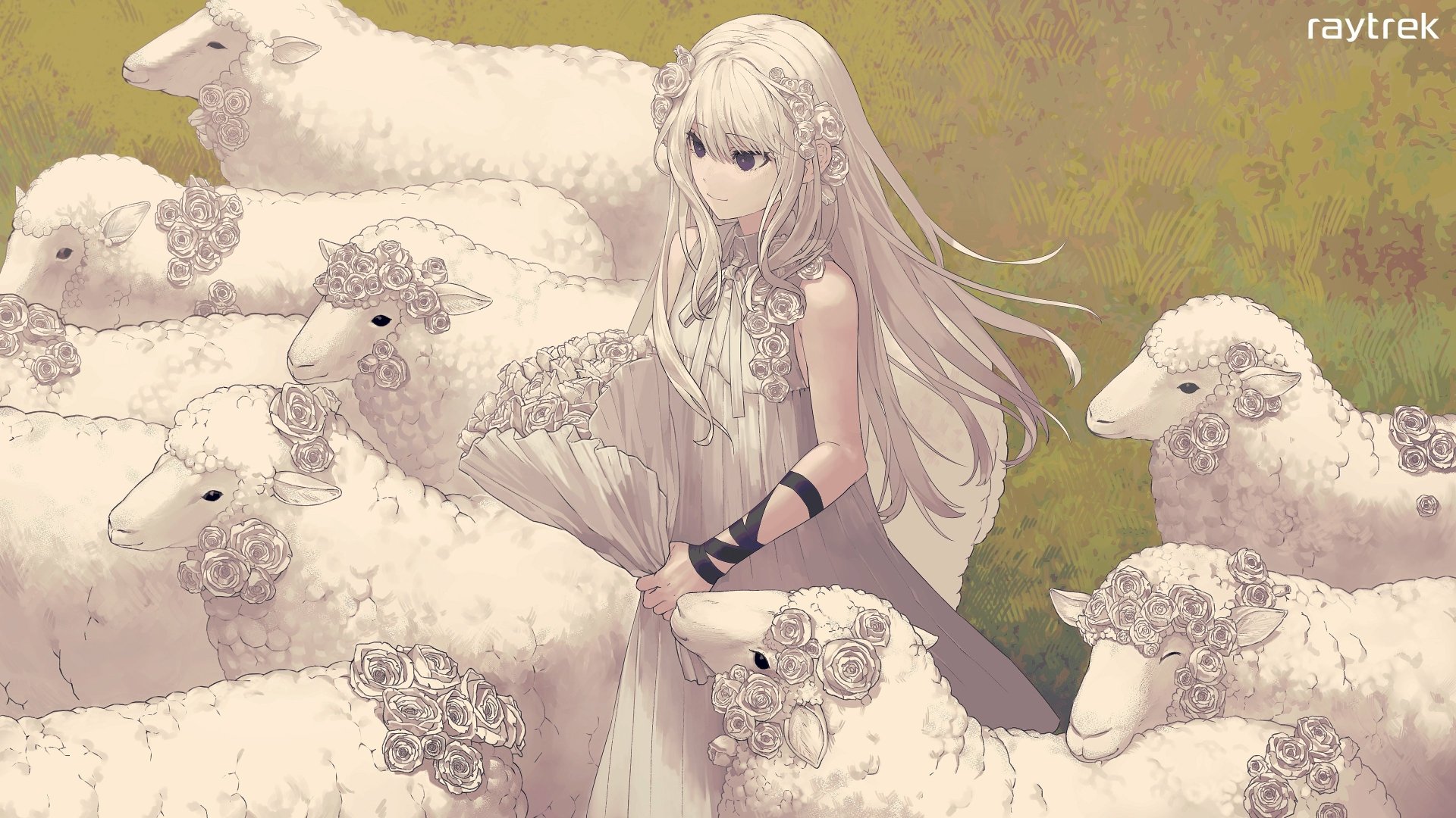 4K Ultra HD PC desktop wallpaper: white-haired anime girl in a flower-adorned dress holding a bouquet, surrounded by fluffy white sheep.