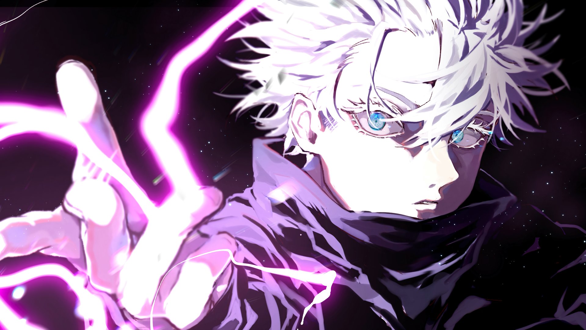 Satoru Gojo from Jujutsu Kaisen anime series confidently stares with blue eyes and white hair, striking a pose in school uniform against a HD desktop wallpaper background.