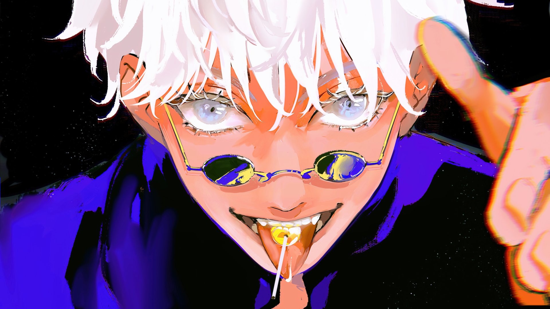 A dynamic 4K Ultra HD wallpaper featuring Satoru Gojo from Jujutsu Kaisen, showcasing his striking blue eyes, white hair, and stylish glasses, exuding a playful yet powerful aura.